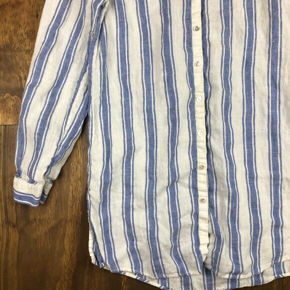 Antibes Blanc Womens Shirt Blue White Stripe Collared Button Down Linen Small - Picture 3 of 13